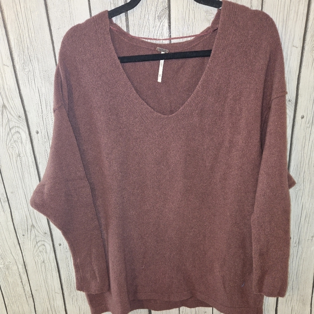 Free People Wool Yak Blend Pullover Softly Vee Neck Sweater Size Xs Maroon Cozy